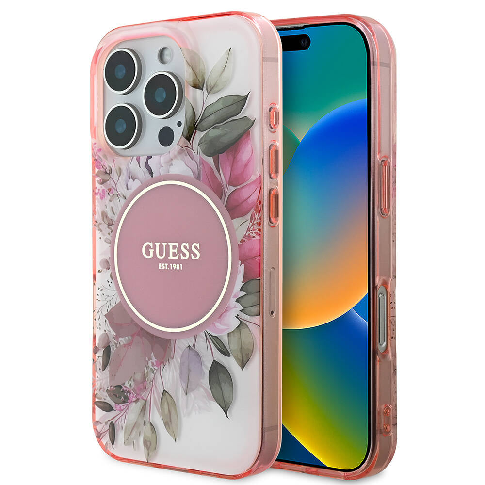 Husa MagSafe pentru Apple iPhone 16 Pro Max, Guess, IML Flower & Tonal Circle, Roz