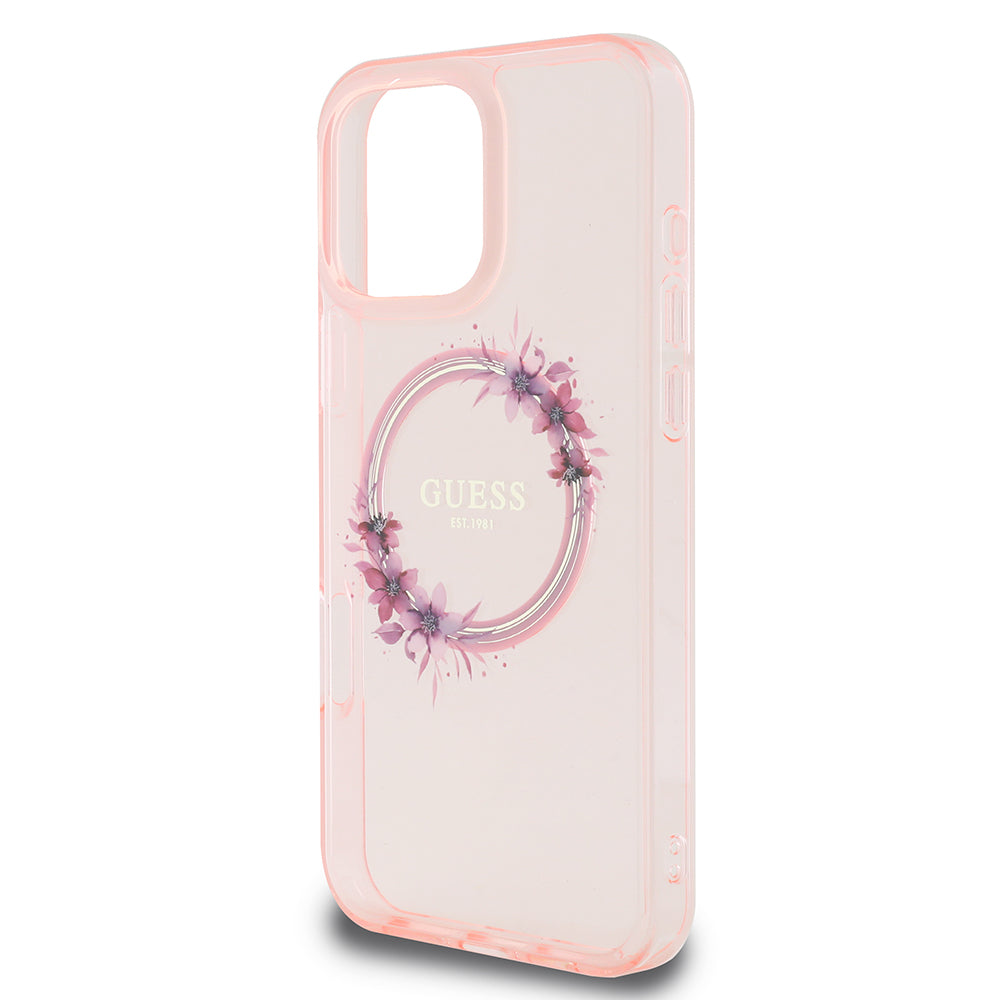 Husa MagSafe pentru Apple iPhone 16 Pro Max, Guess, IML Flowers Wreath, Roz
