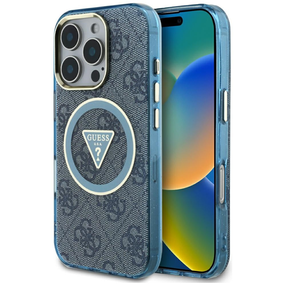 Husa MagSafe pentru Apple iPhone 16 Pro Max, Guess, IML Glitter 4G Circle Triangle, Albastra