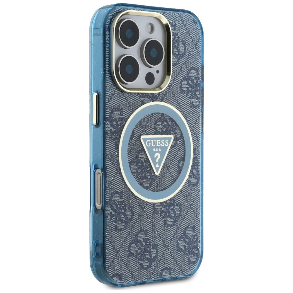 Husa MagSafe pentru Apple iPhone 16 Pro Max, Guess, IML Glitter 4G Circle Triangle, Albastra
