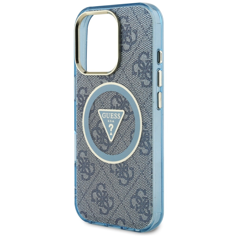 Husa MagSafe pentru Apple iPhone 16 Pro Max, Guess, IML Glitter 4G Circle Triangle, Albastra