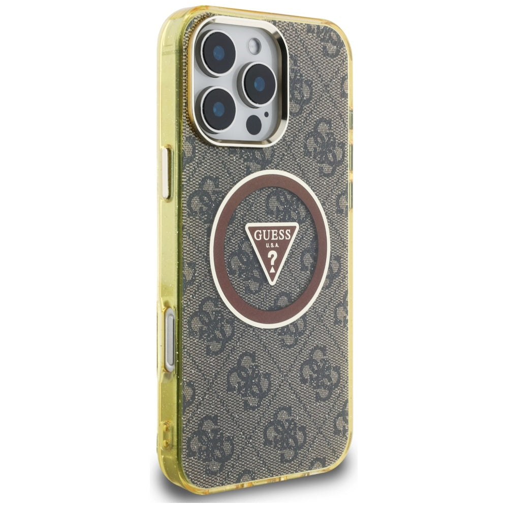 Husa MagSafe pentru Apple iPhone 16 Pro Max, Guess, IML Glitter 4G Circle Triangle, Maro