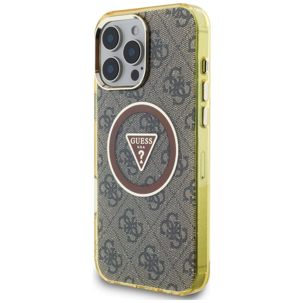 Husa MagSafe pentru Apple iPhone 16 Pro Max, Guess, IML Glitter 4G Circle Triangle, Maro