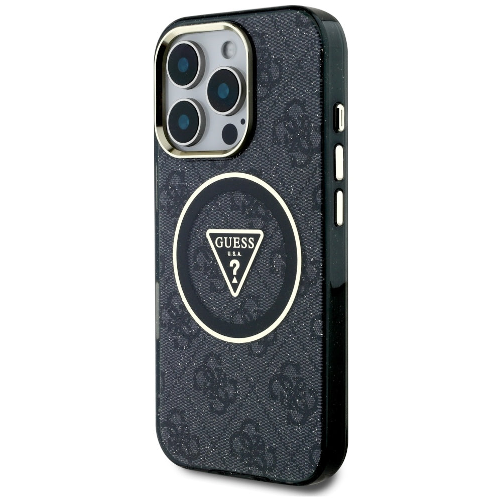 Husa MagSafe pentru Apple iPhone 16 Pro Max, Guess, IML Glitter 4G Circle Triangle, Neagra