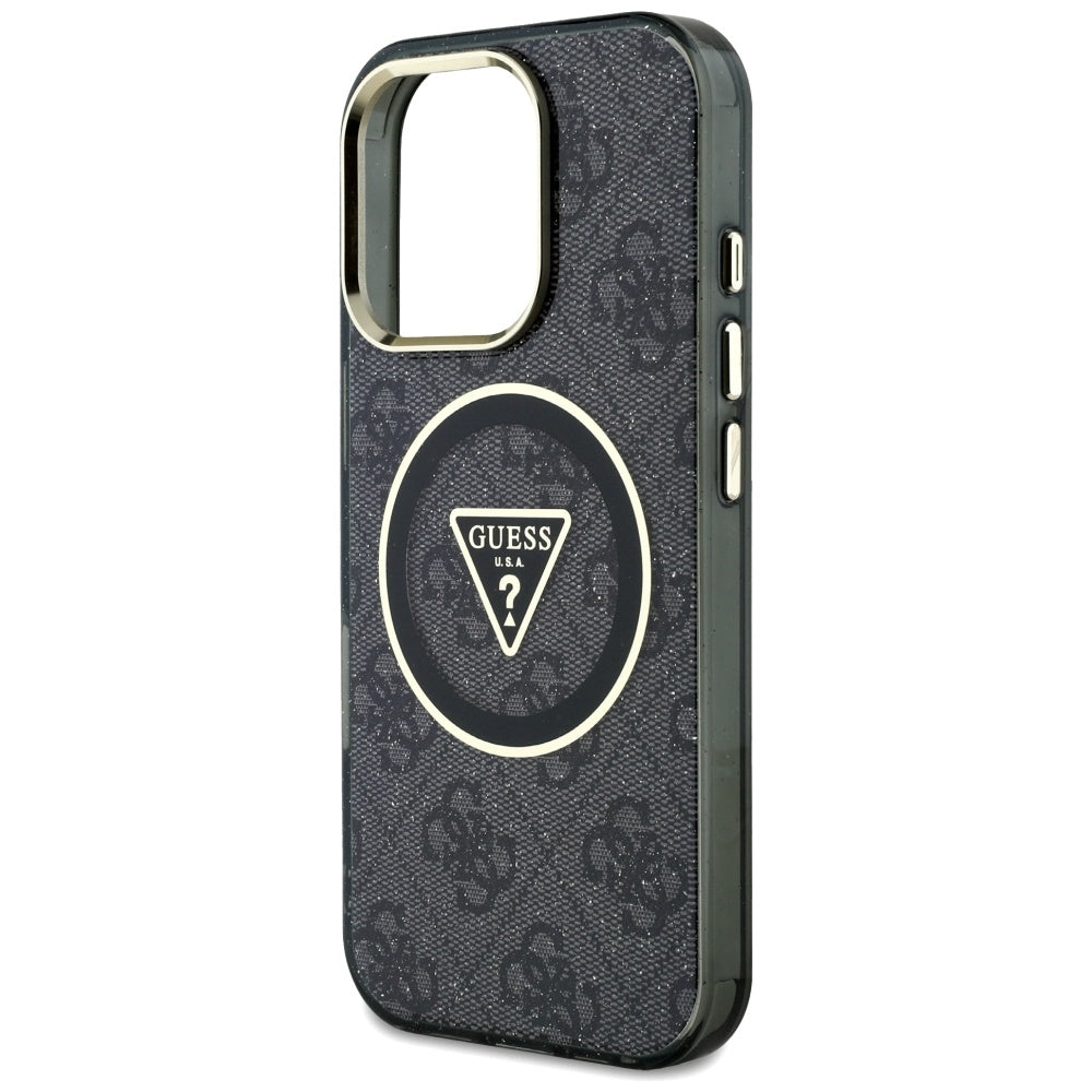 Husa MagSafe pentru Apple iPhone 16 Pro Max, Guess, IML Glitter 4G Circle Triangle, Neagra
