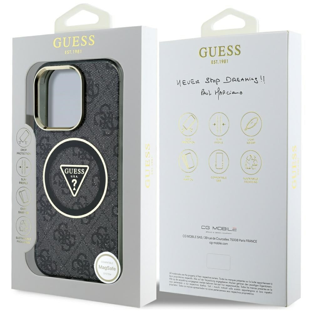 Husa MagSafe pentru Apple iPhone 16 Pro Max, Guess, IML Glitter 4G Circle Triangle, Neagra