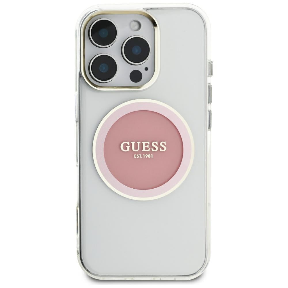 Husa MagSafe pentru Apple iPhone 16 Pro Max, Guess, IML Metal Colored Circle, Roz