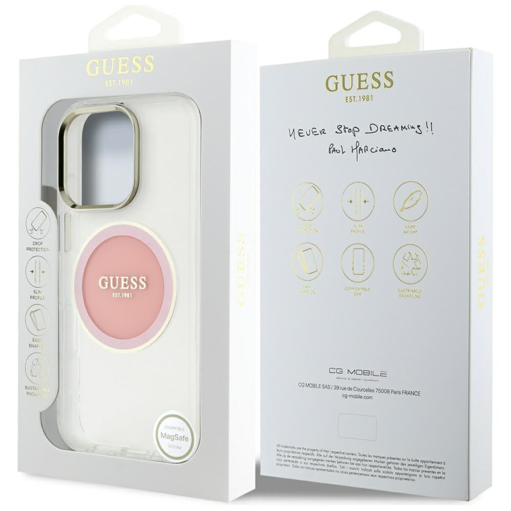 Husa MagSafe pentru Apple iPhone 16 Pro Max, Guess, IML Metal Colored Circle, Roz