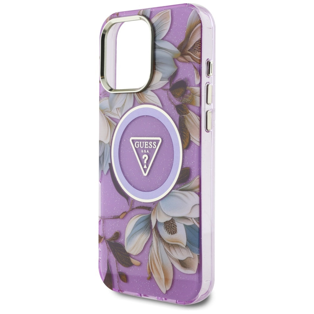 Husa MagSafe pentru Apple iPhone 16 Pro Max, Guess, IML Metal Glitter Flowers Triangle, Mov