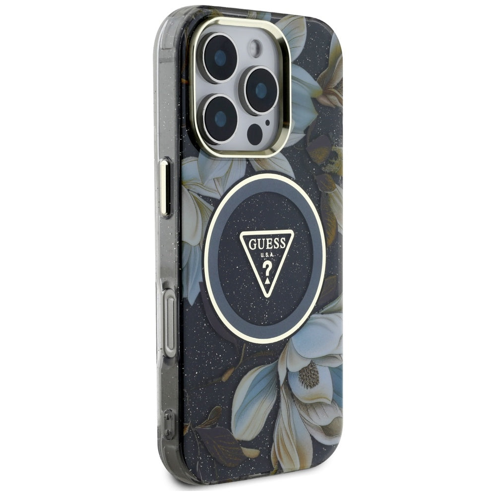 Husa MagSafe pentru Apple iPhone 16 Pro Max, Guess, IML Metal Glitter Flowers Triangle, Neagra