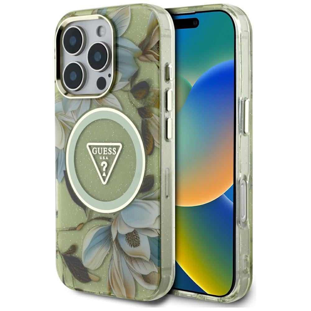 Husa MagSafe pentru Apple iPhone 16 Pro Max, Guess, IML Metal Glitter Flowers Triangle, Verde