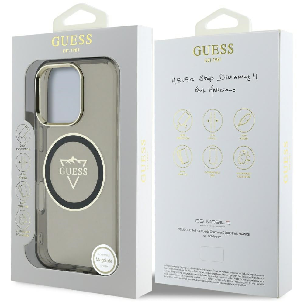 Husa MagSafe pentru Apple iPhone 16 Pro Max, Guess, IML Metal Mountain Logo, Neagra