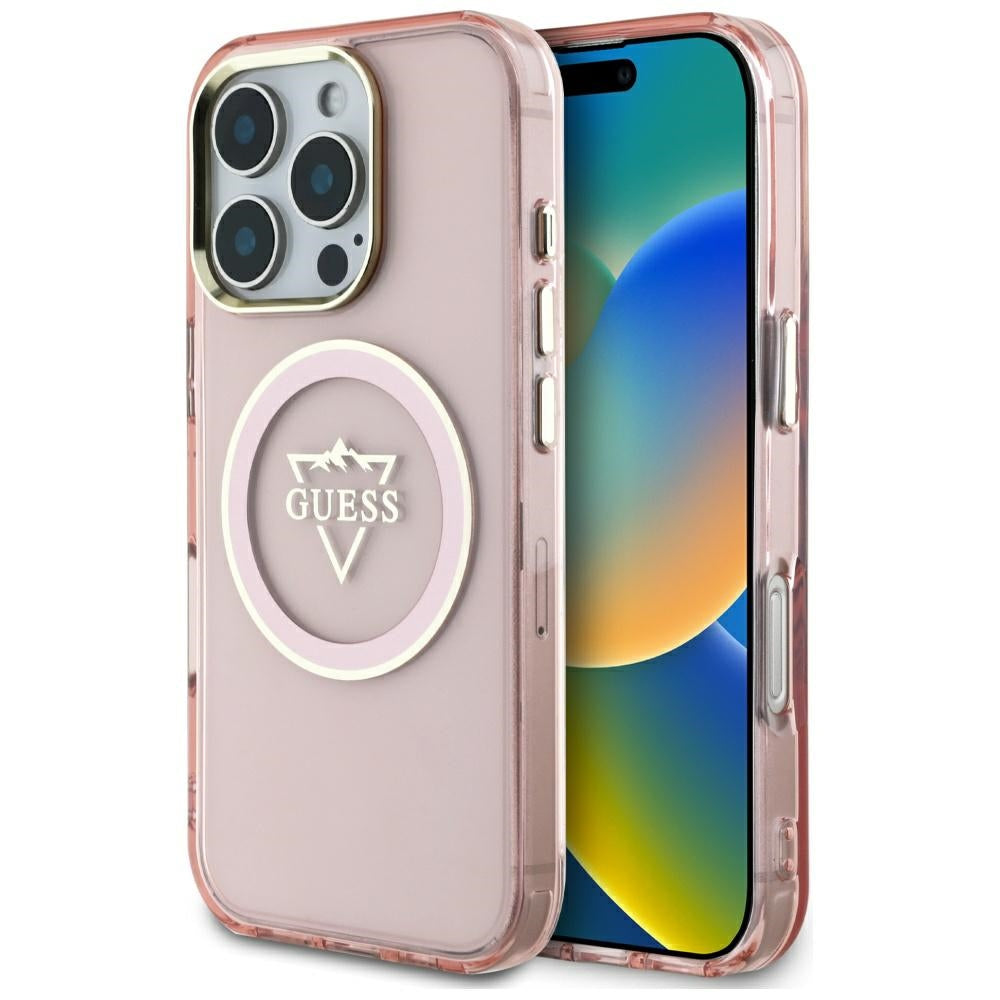 Husa MagSafe pentru Apple iPhone 16 Pro Max, Guess, IML Metal Mountain Logo, Roz