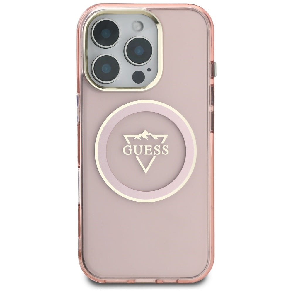 Husa MagSafe pentru Apple iPhone 16 Pro Max, Guess, IML Metal Mountain Logo, Roz