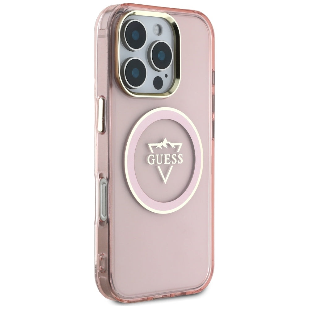 Husa MagSafe pentru Apple iPhone 16 Pro Max, Guess, IML Metal Mountain Logo, Roz