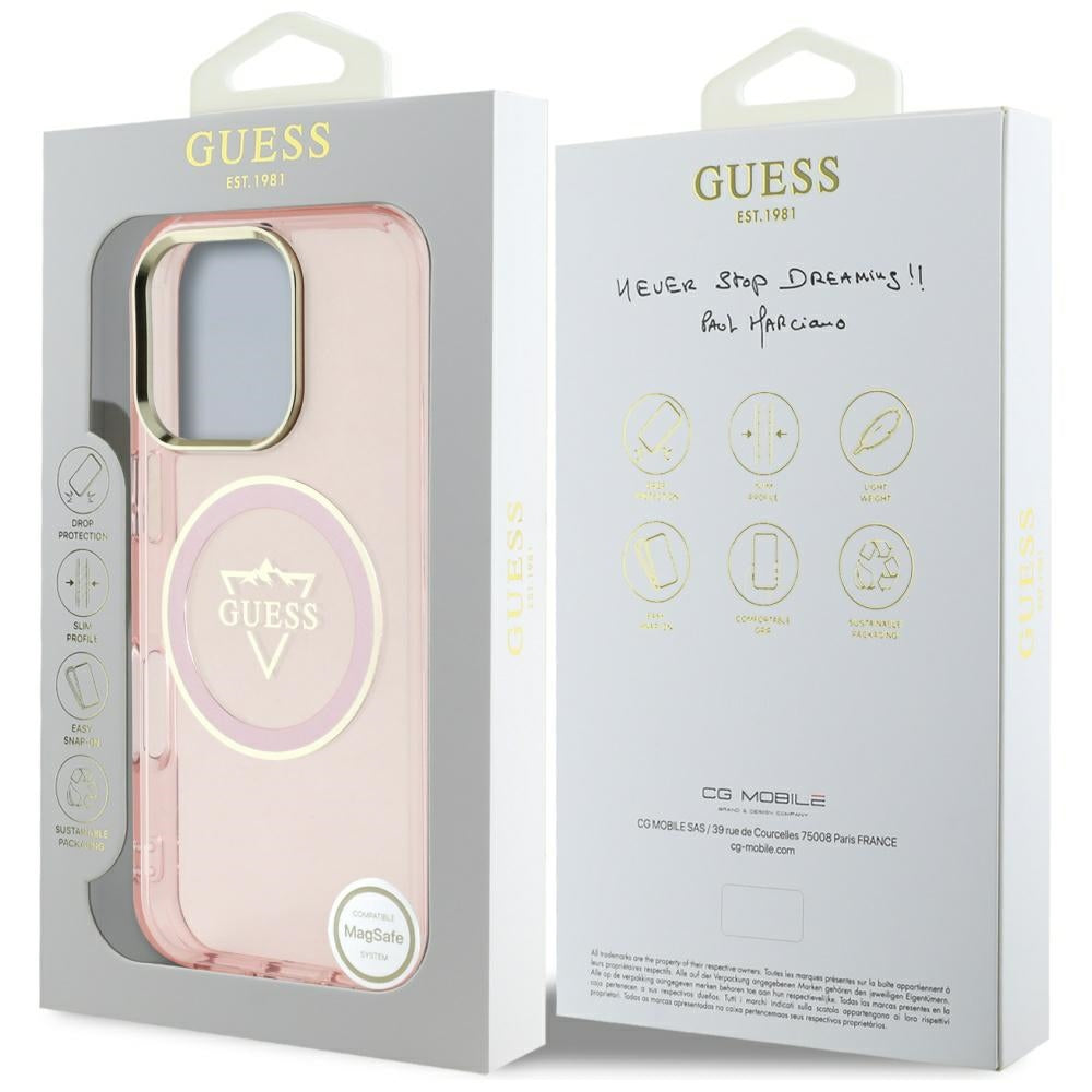 Husa MagSafe pentru Apple iPhone 16 Pro Max, Guess, IML Metal Mountain Logo, Roz