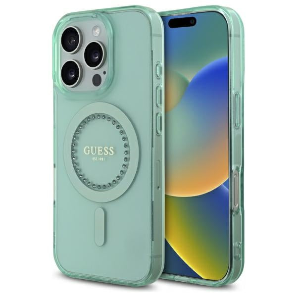 Husa MagSafe pentru Apple iPhone 16 Pro Max, Guess, IML Rhinestone, Verde