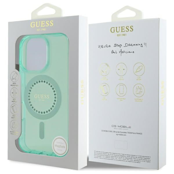 Husa MagSafe pentru Apple iPhone 16 Pro Max, Guess, IML Rhinestone, Verde