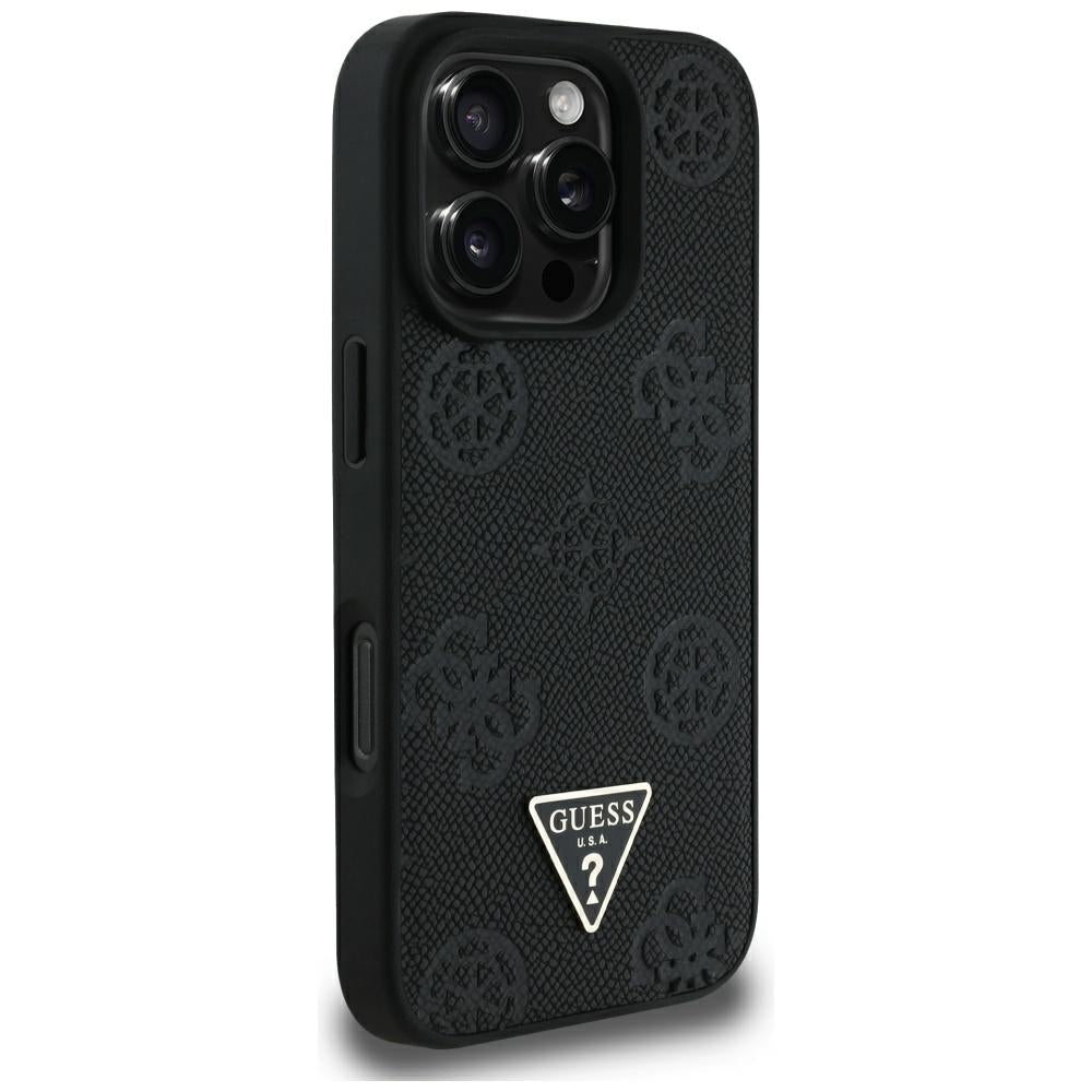 Husa MagSafe pentru Apple iPhone 16 Pro Max, Guess, Peony Grained Hot Stamp Triangle, Neagra