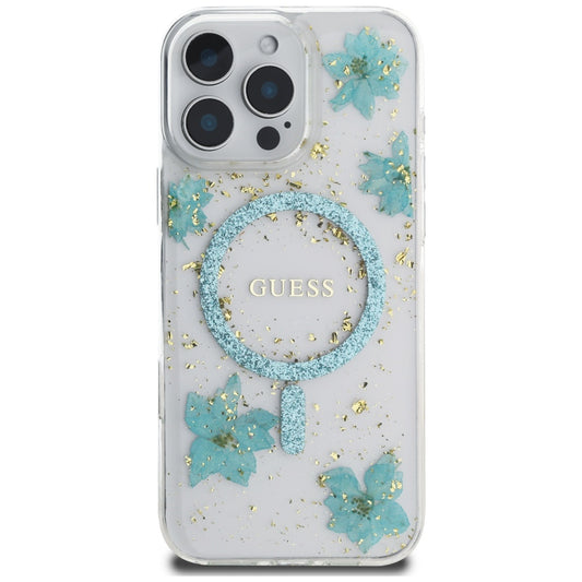 Husa MagSafe pentru Apple iPhone 16 Pro Max, Guess, Resin Flowers and Glitter, Turcoaz