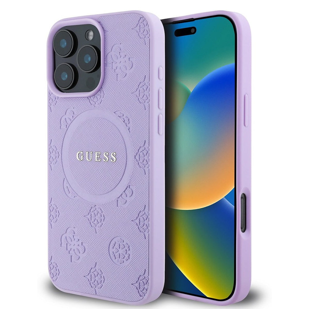 Husa MagSafe pentru Apple iPhone 16 Pro Max, Guess, Saffiano Peony Classic Logo, Mov