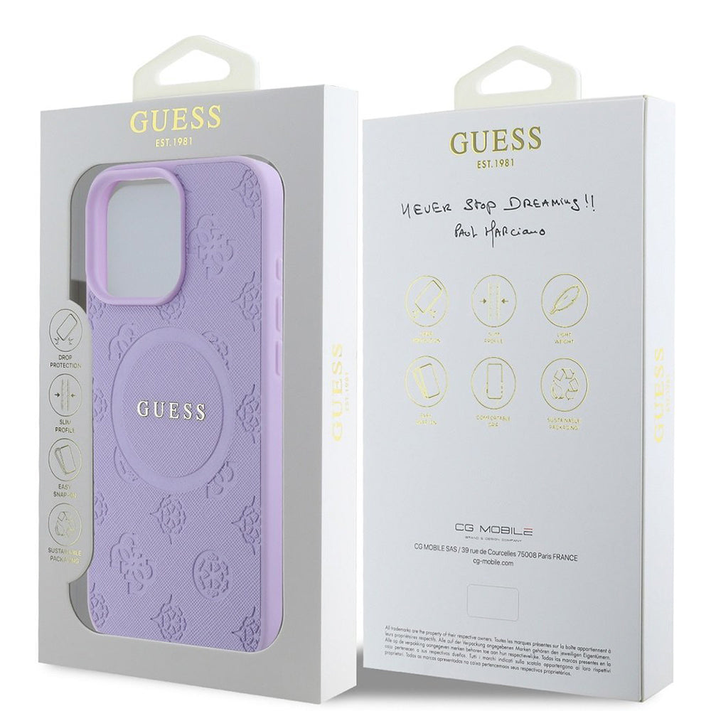 Husa MagSafe pentru Apple iPhone 16 Pro Max, Guess, Saffiano Peony Classic Logo, Mov