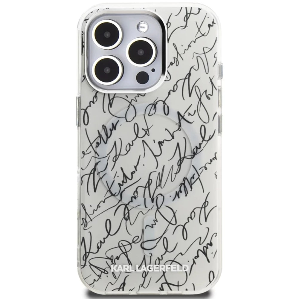 Husa MagSafe pentru Apple iPhone 16 Pro Max, Karl Lagerfeld, IML Karl Script Pattern, Alba