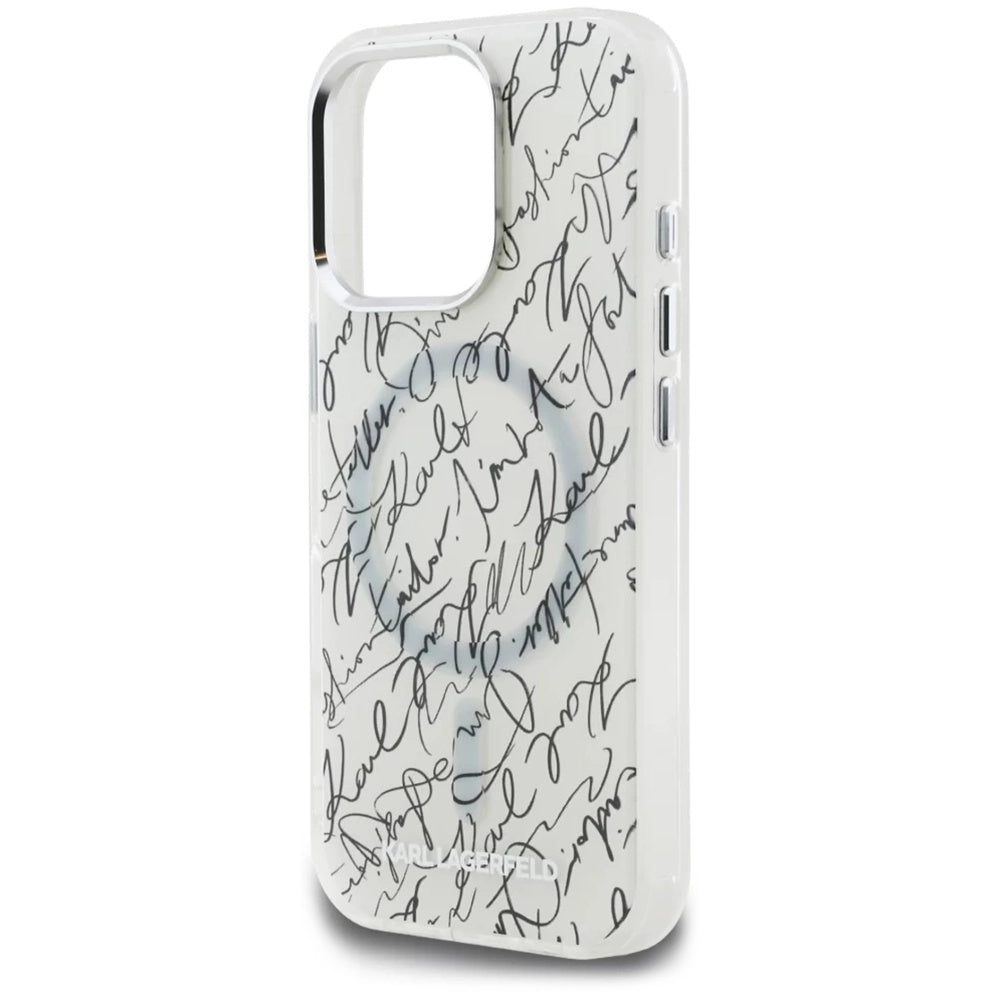 Husa MagSafe pentru Apple iPhone 16 Pro Max, Karl Lagerfeld, IML Karl Script Pattern, Alba