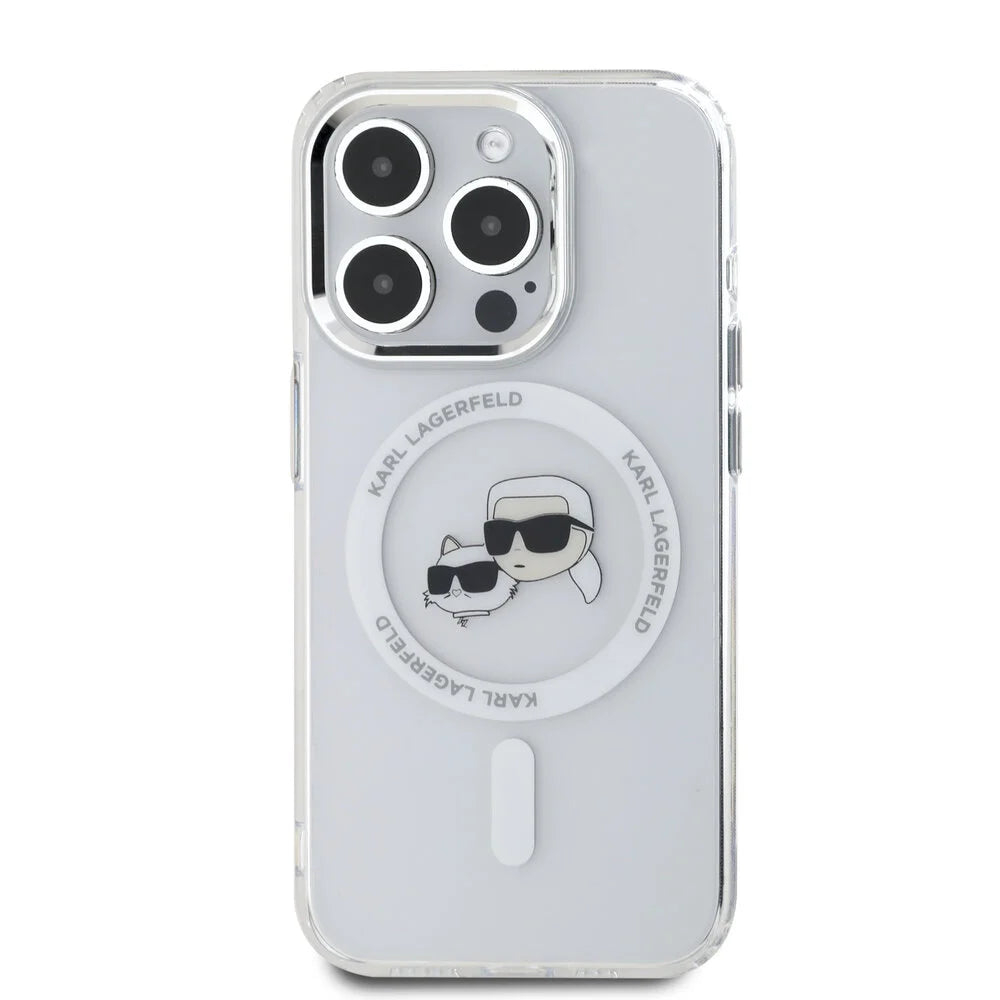 Husa MagSafe pentru Apple iPhone 16 Pro Max, Karl Lagerfeld, IML Metal Karl & Choupette's Heads, Alba