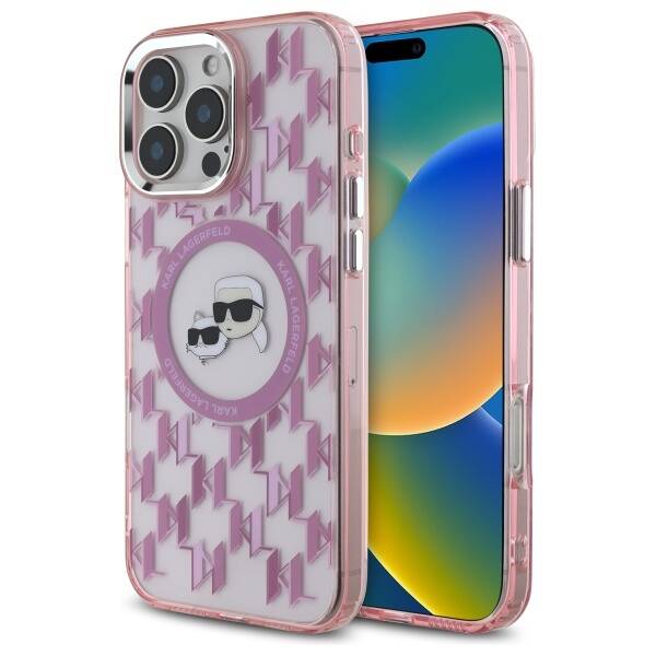 Husa MagSafe pentru Apple iPhone 16 Pro Max, Karl Lagerfeld, IML Monogram Karl & Choupette's Heads, Roz