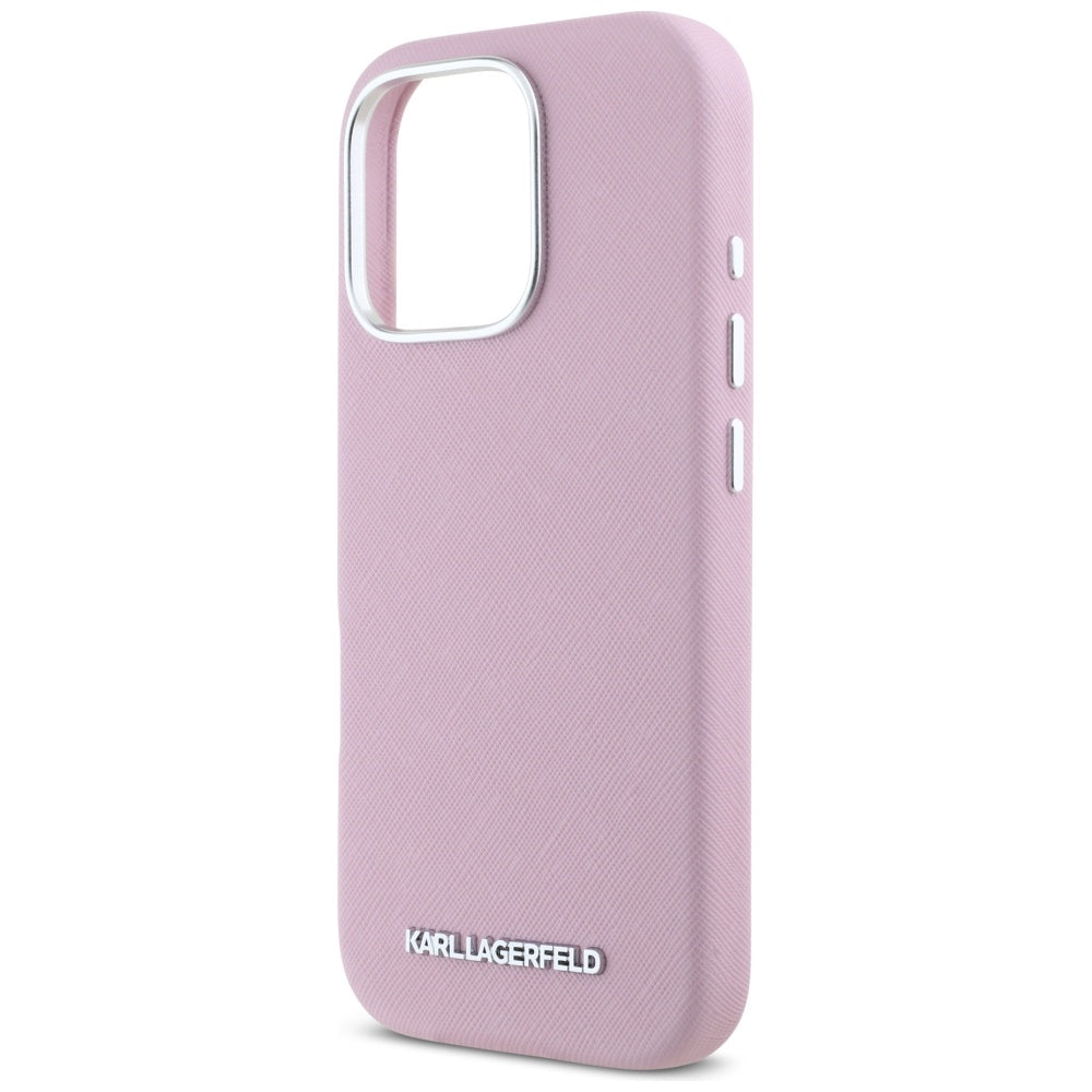 Husa MagSafe pentru Apple iPhone 16 Pro Max, Karl Lagerfeld, Saffiano Full Wrapped Elongated Metal Logo, Roz