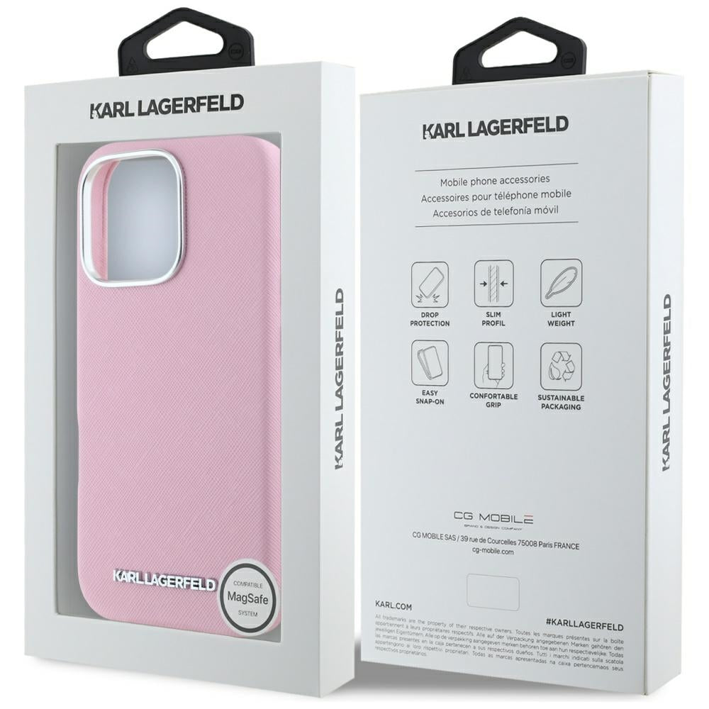Husa MagSafe pentru Apple iPhone 16 Pro Max, Karl Lagerfeld, Saffiano Full Wrapped Elongated Metal Logo, Roz