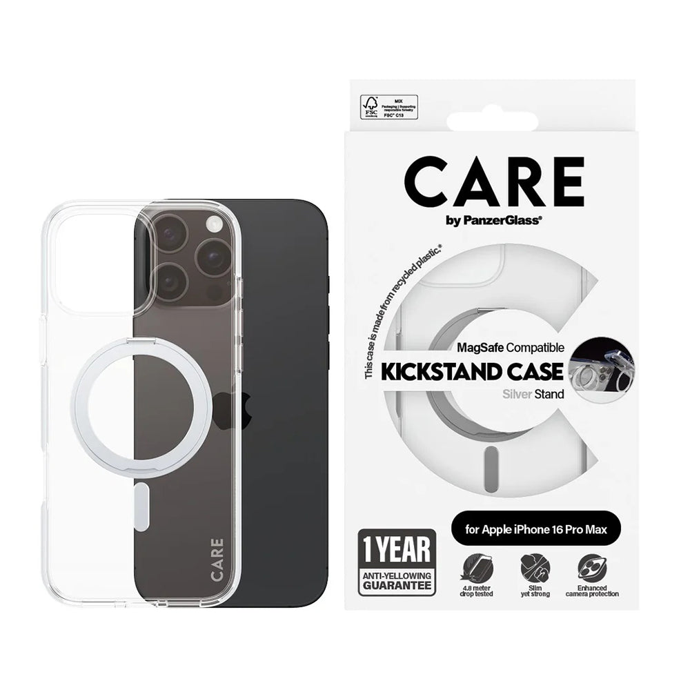 Husa MagSafe pentru Apple iPhone 16 Pro Max, PanzerGlass, Care Feature Kickstand, Transparenta Argintie