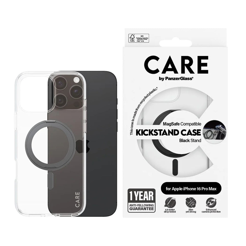 Husa MagSafe pentru Apple iPhone 16 Pro Max, PanzerGlass, Care Feature Kickstand, Transparenta Neagra