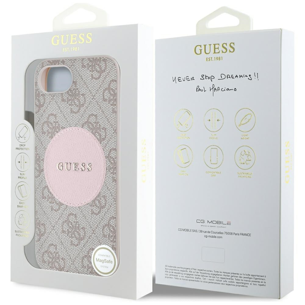 Husa MagSafe pentru Apple iPhone 17e / 16e, Guess, 4G Circle Classic Logo, Roz