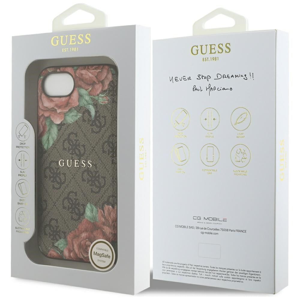 Husa MagSafe pentru Apple iPhone 17e / 16e, Guess, 4G Flowers Print, Maro