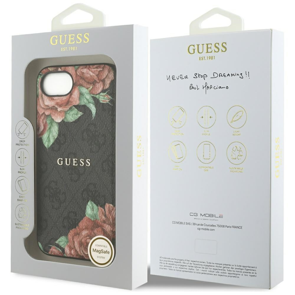 Husa MagSafe pentru Apple iPhone 17e / 16e, Guess, 4G Flowers Print, Neagra