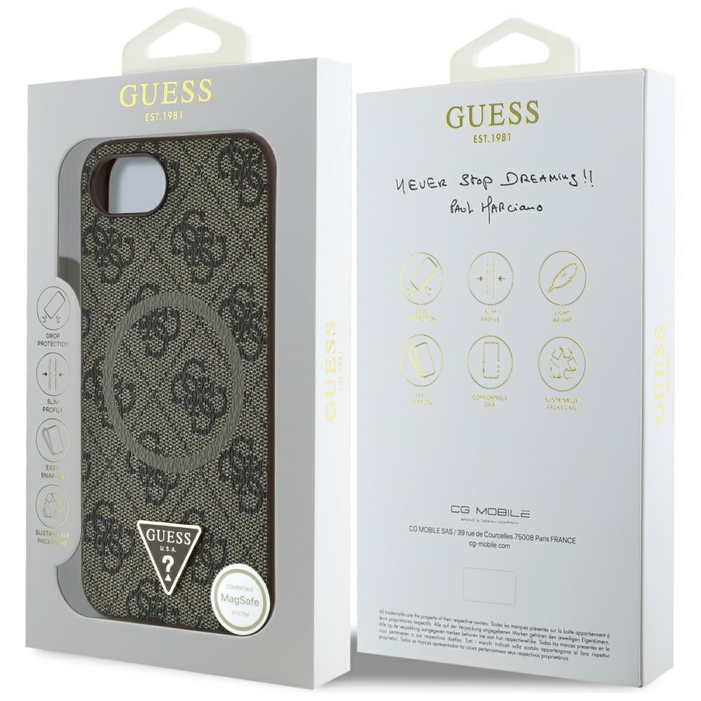 Husa MagSafe pentru Apple iPhone 17e / 16e, Guess, 4G Ring Triangle Logo, Maro