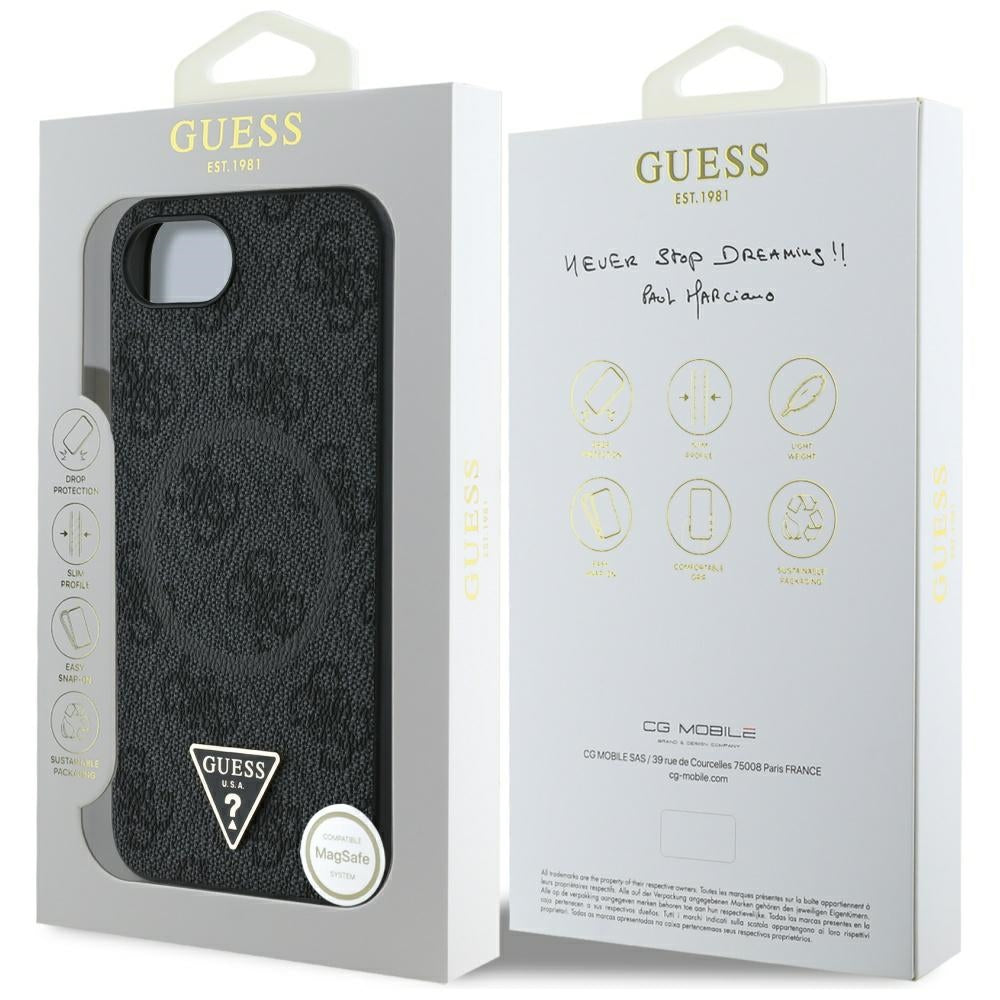 Husa MagSafe pentru Apple iPhone 17e / 16e, Guess, 4G Ring Triangle Logo, Neagra