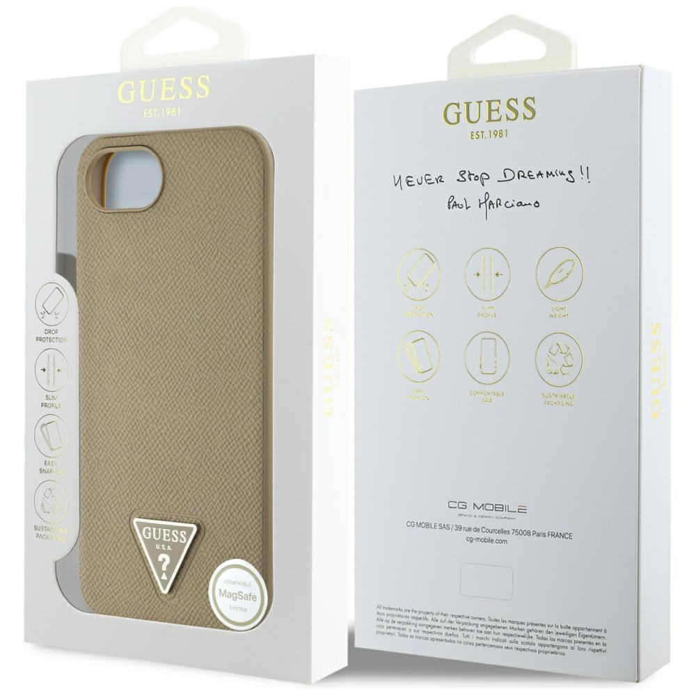 Husa MagSafe pentru Apple iPhone 17e / 16e, Guess, Grained Triangle Logo, Maro