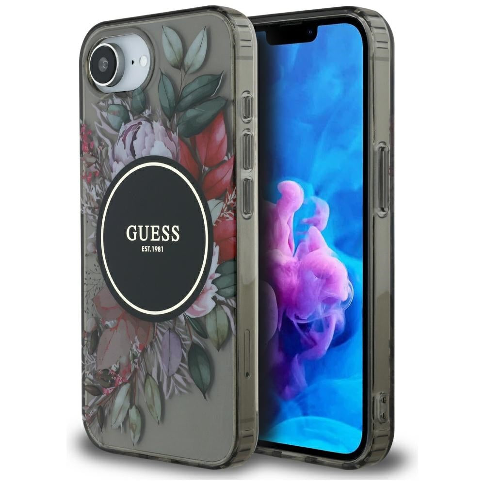 Husa MagSafe pentru Apple iPhone 17e / 16e, Guess, IML Flowers, Neagra