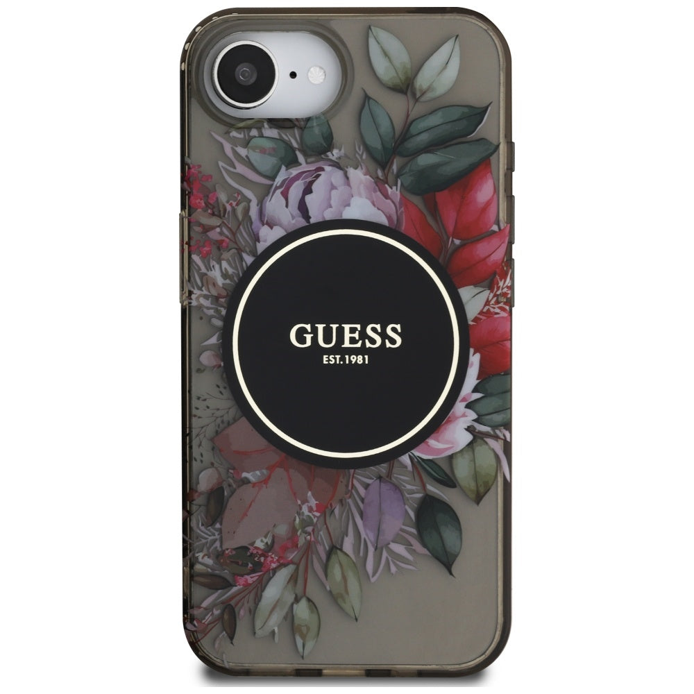 Husa MagSafe pentru Apple iPhone 17e / 16e, Guess, IML Flowers, Neagra