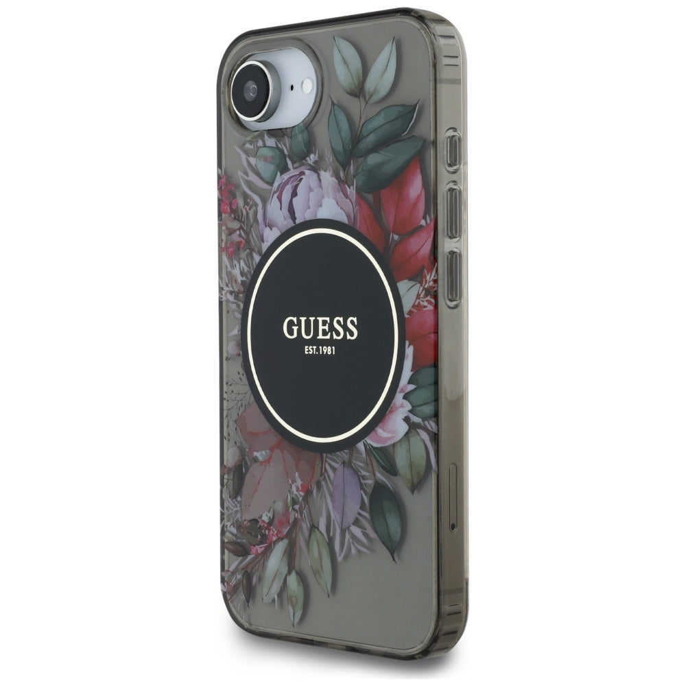 Husa MagSafe pentru Apple iPhone 17e / 16e, Guess, IML Flowers, Neagra