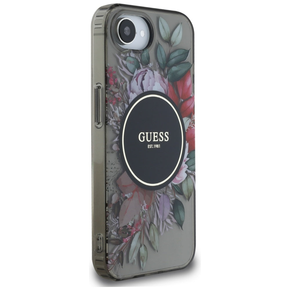 Husa MagSafe pentru Apple iPhone 17e / 16e, Guess, IML Flowers, Neagra