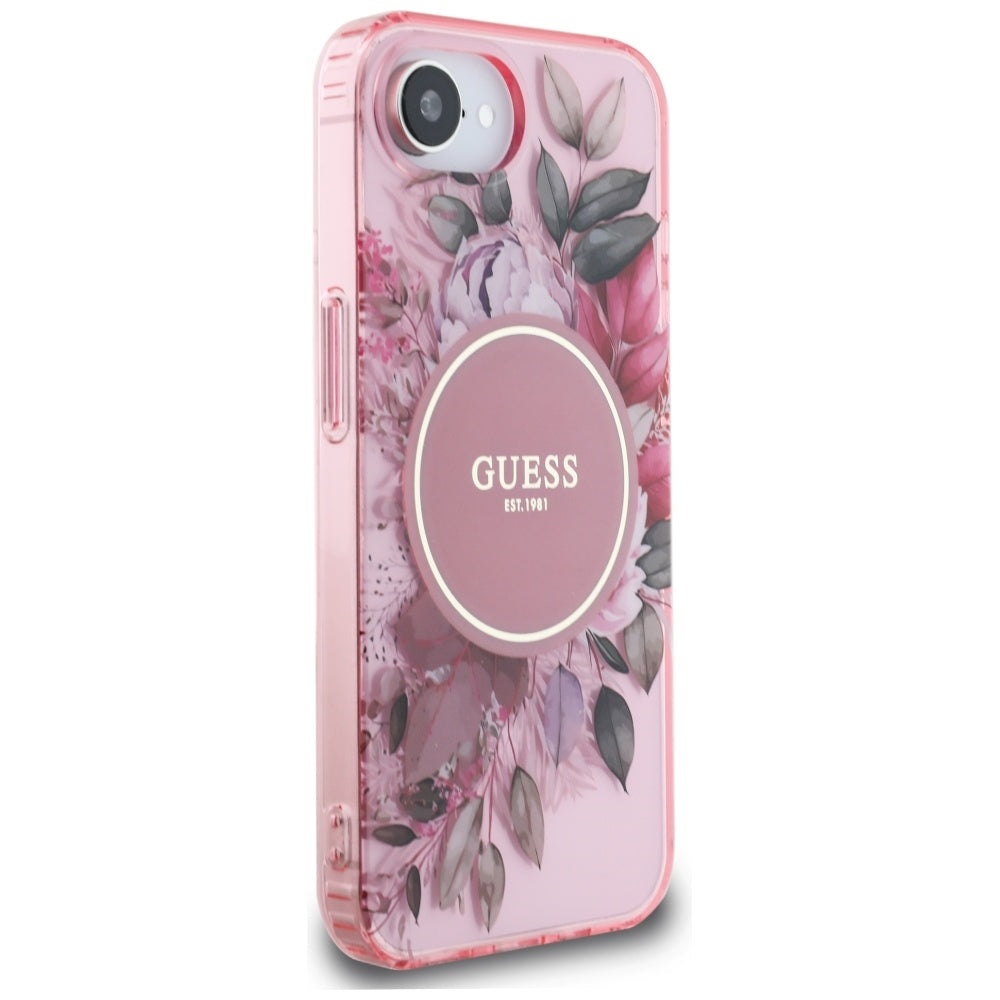 Husa MagSafe pentru Apple iPhone 17e / 16e, Guess, IML Flowers, Roz