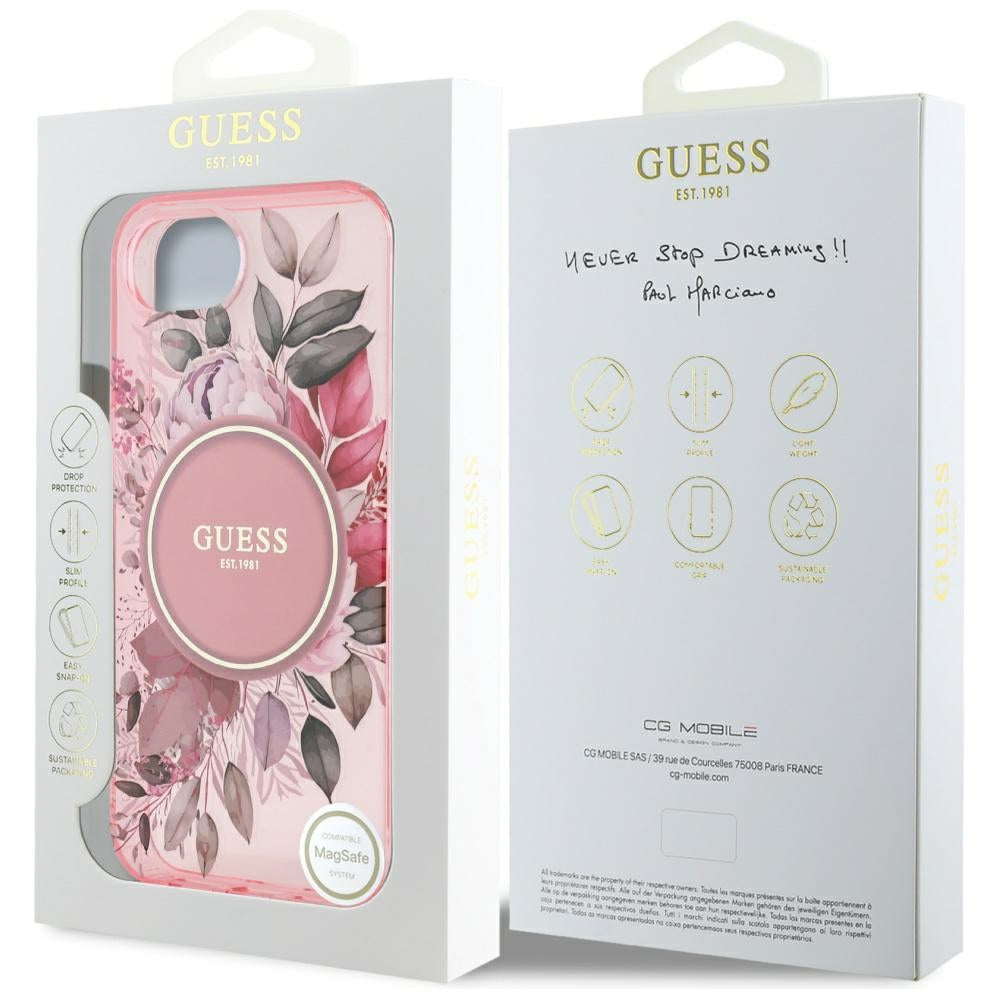 Husa MagSafe pentru Apple iPhone 17e / 16e, Guess, IML Flowers, Roz
