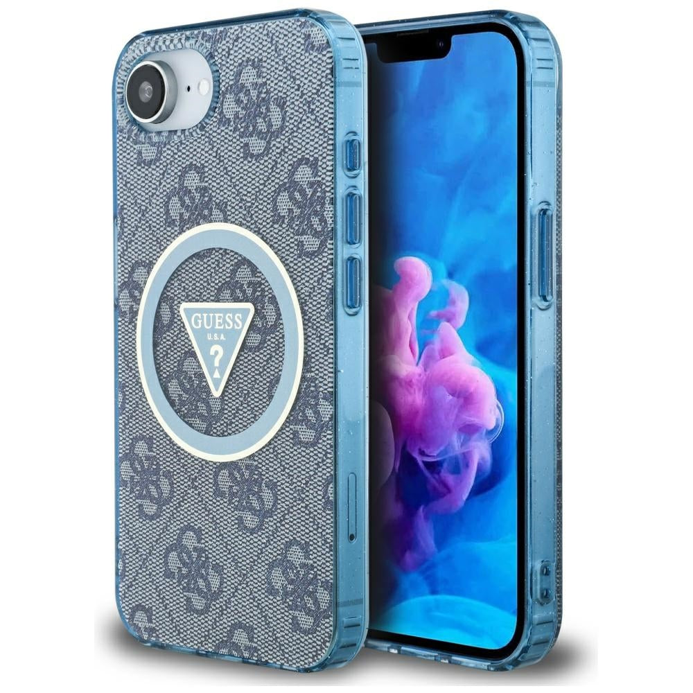 Husa MagSafe pentru Apple iPhone 17e / 16e, Guess, IML Glitter 4G Circle Triangle, Albastra