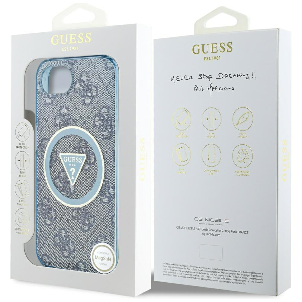 Husa MagSafe pentru Apple iPhone 17e / 16e, Guess, IML Glitter 4G Circle Triangle, Albastra