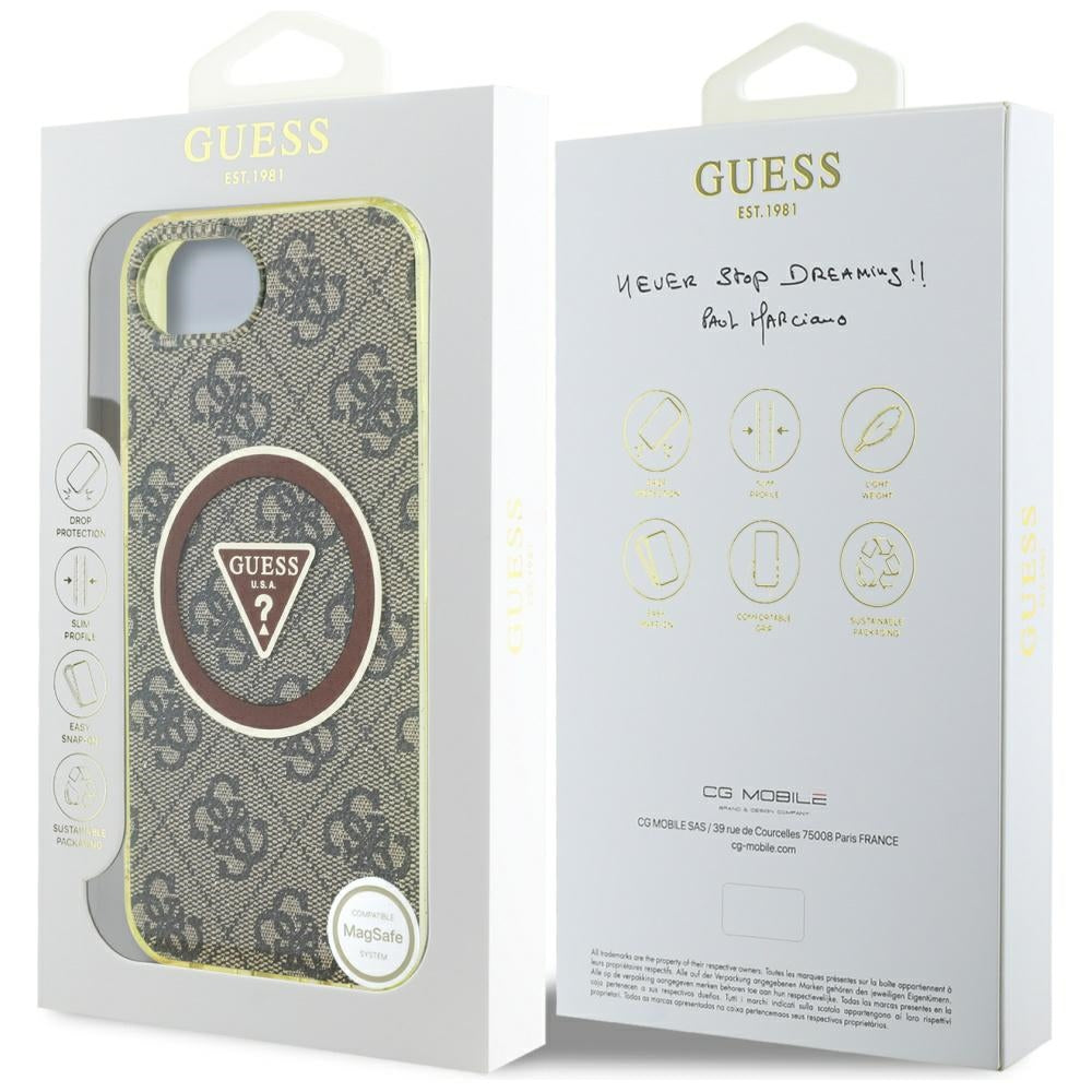 Husa MagSafe pentru Apple iPhone 17e / 16e, Guess, IML Glitter 4G Circle Triangle, Maro