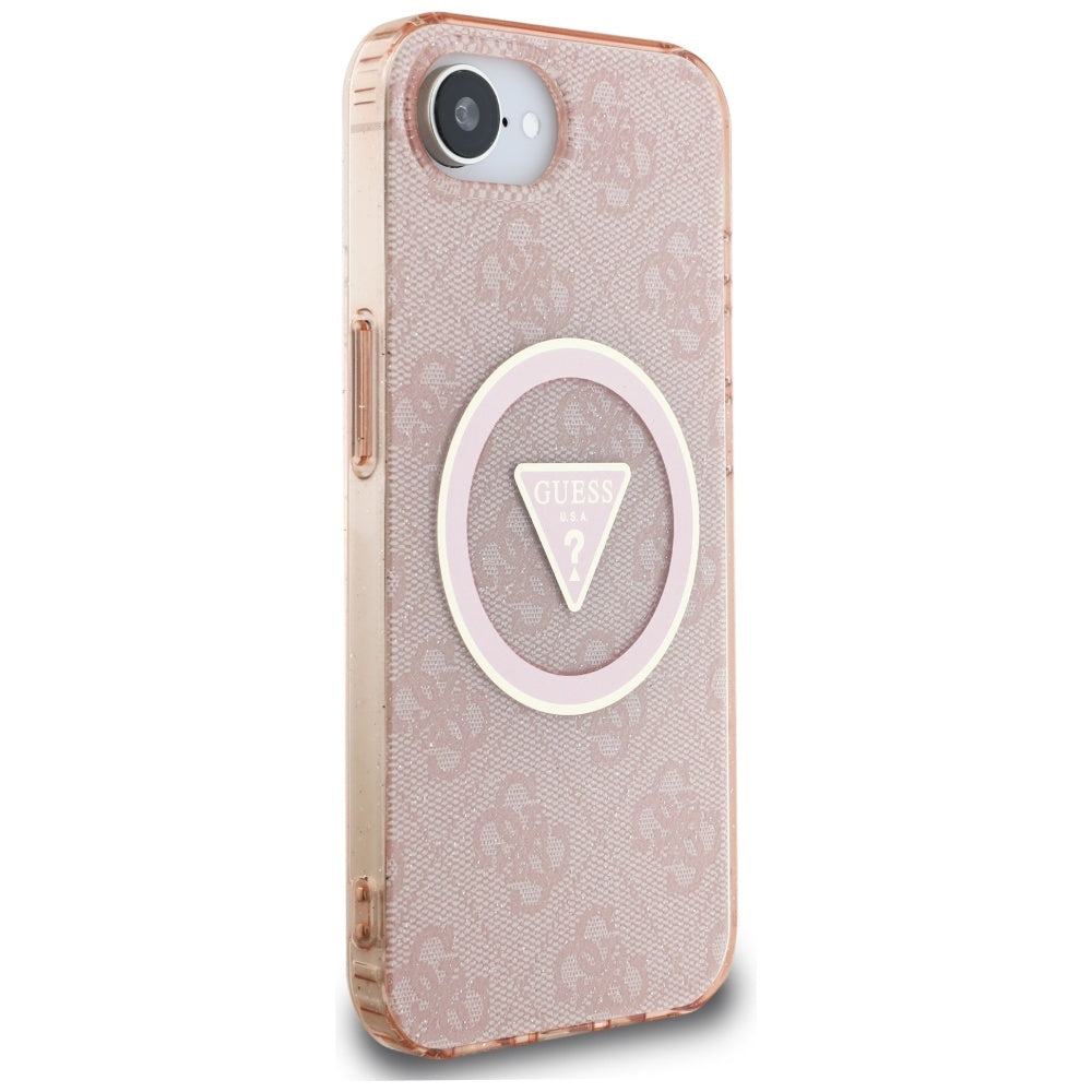 Husa MagSafe pentru Apple iPhone 17e / 16e, Guess, IML Glitter 4G Circle Triangle, Roz